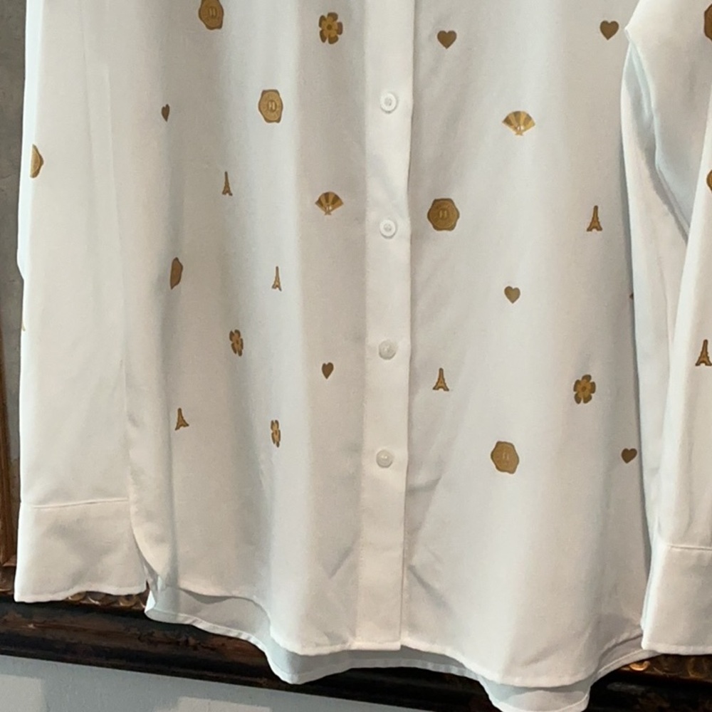 NWOT Karl Lagerfeld White Button- Down Shirt w/ Gold Metallic Images - Picture 3 of 11